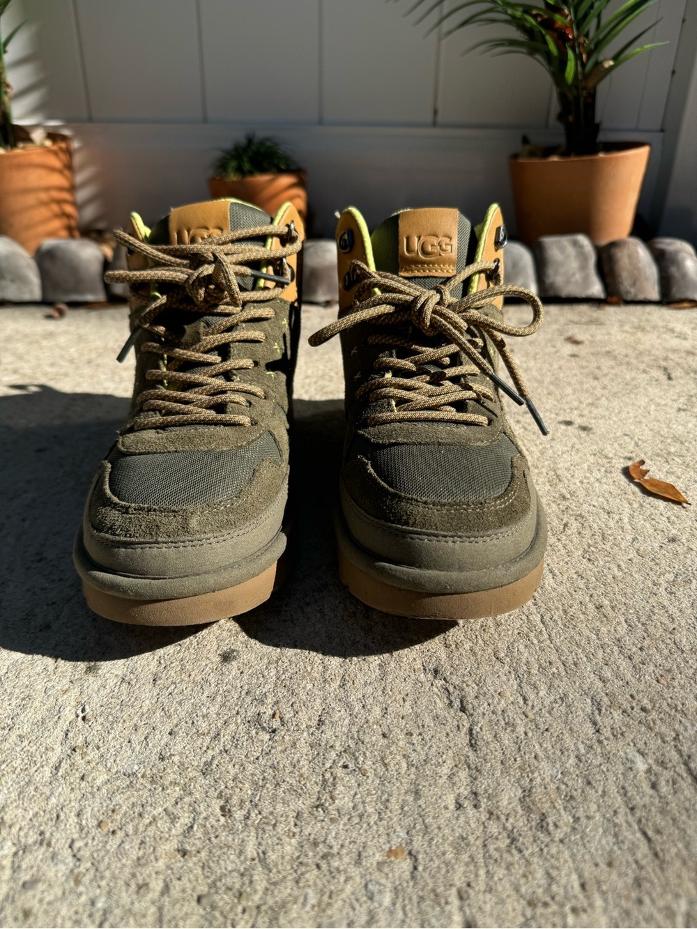 UGG Olive Suede and Neon Yellow Accent Lace-Up high top sneaker - Picture 2 of 6